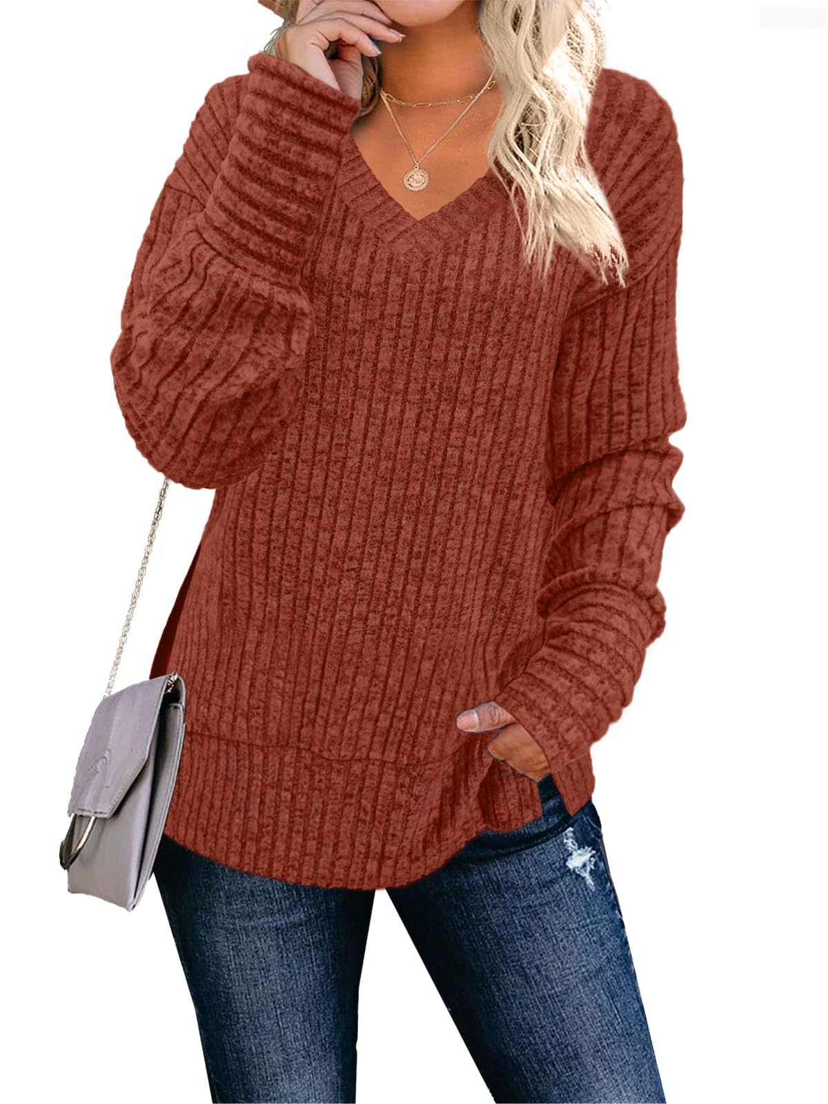 JomeDesign Womens Sweaters Long Sleeve V Neck Shirts Loose Casual Fashion Tops