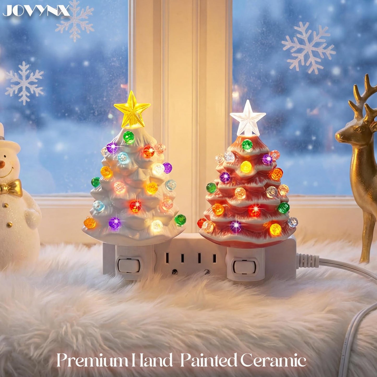 JOVYNX 2 Pack Christmas Ceramic Tree Night Light Plug in,360° Rotatable Nostalgic Xmas Day Night Light that Light Up,Pink White Retro Christmas Day Decor Nightlights
