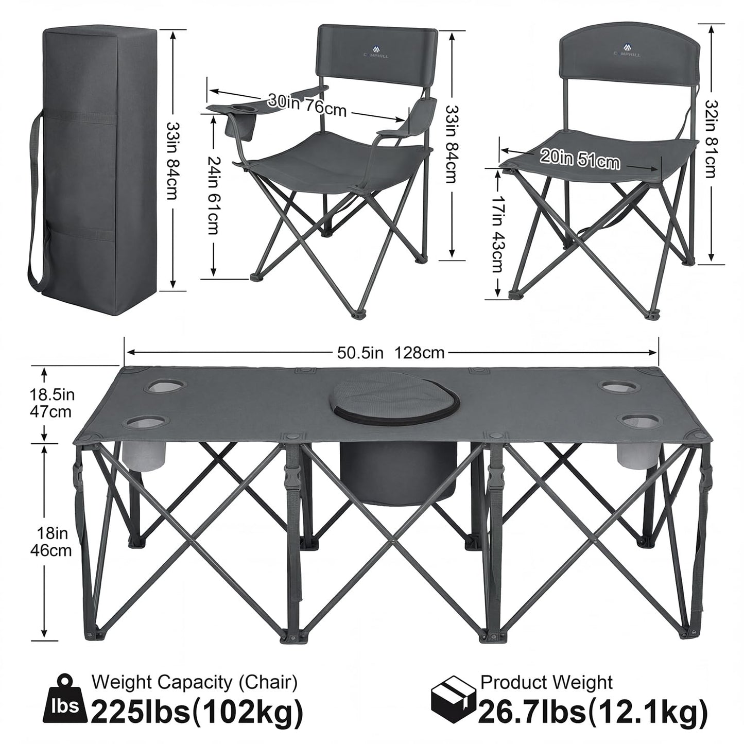 Camping Chair Set of 5,Outdoor Folding Lawn Chairs with Table for Adults,Heavy Duty Collapsible Chair Include Four Single Chairs and Camping Table with Cooler Bag for Travel Fishing Sport Picnic,Grey