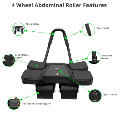 2025 New 4-Wheel Abdominal Roller with Elbow Support : Latest Upgraded High-Performance Exercise Machine With Automatic Rebound, Multi- layered Anti-Slip Design with Calorie Counting LCD Screen