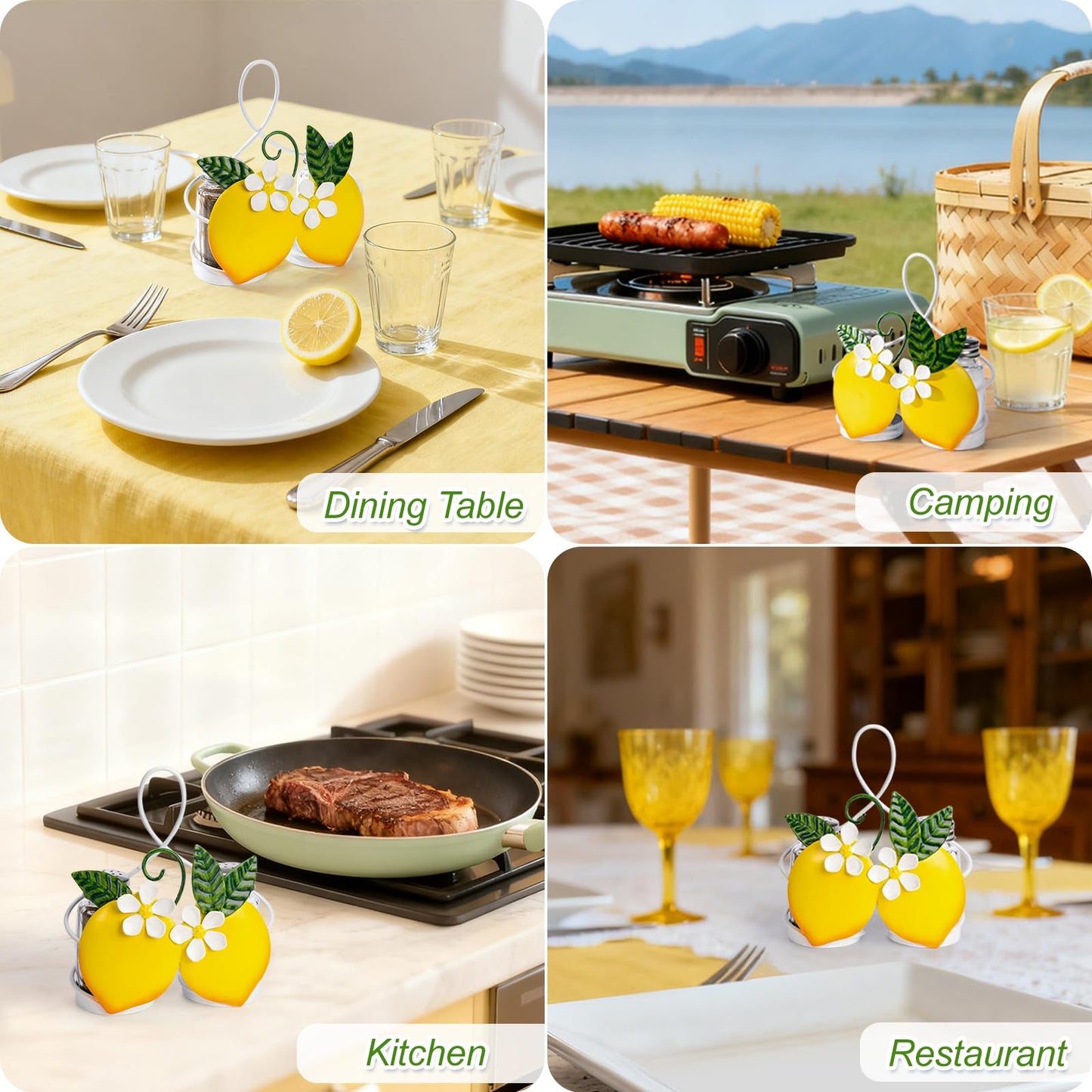 Lemon Cute Salt and Pepper Shakers Set with Holder - 2oz Seasoning Containers with Lemon Decor Holder, Yellow Kitchen Decor and Accessories, Housewarming Gifts for Women, Portable Metal Stand