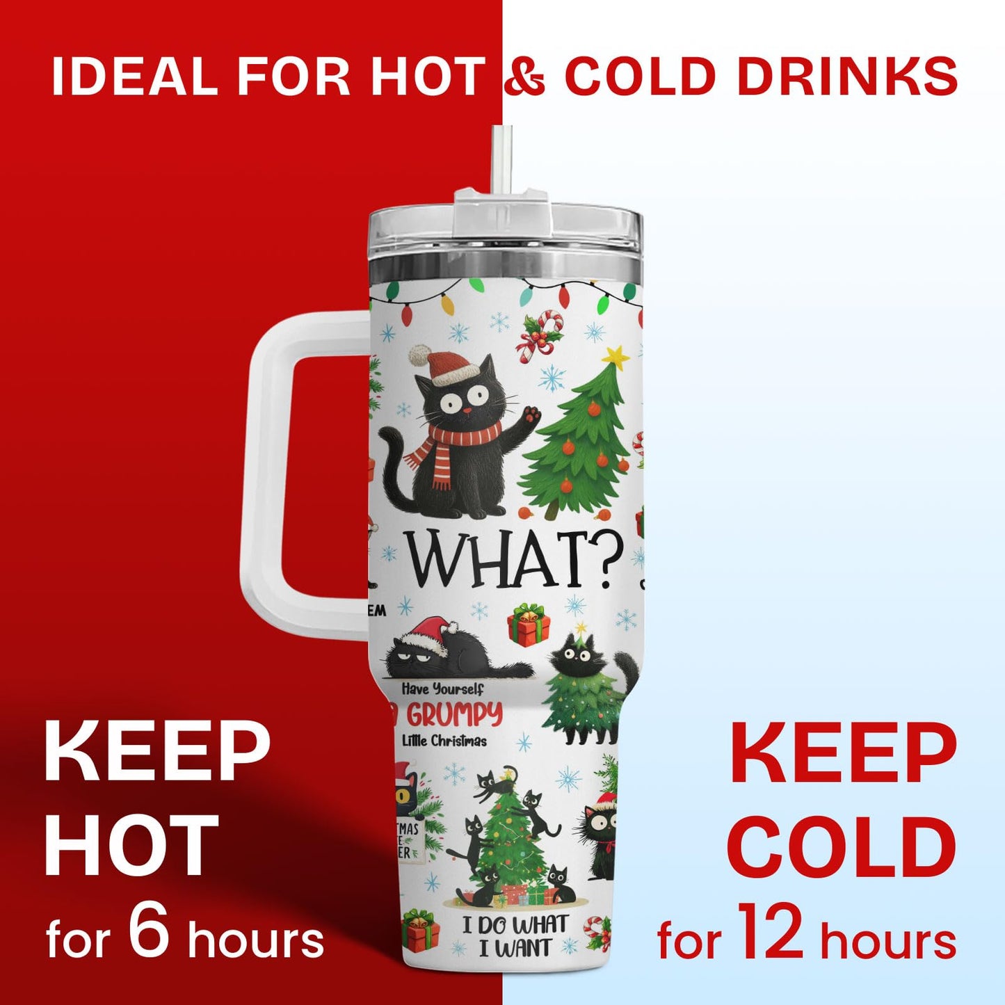 34HD 40oz Funny Christmas Cat Tumbler with Handle – Black Cat Gift, Holiday Travel Mug with Lid & Straw