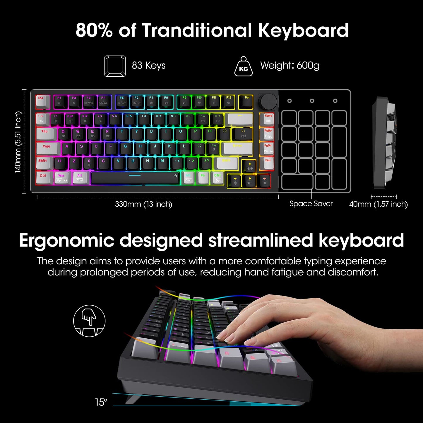 KOORUI Gaming Keyboards, 26 RGB Backlit Mechanical Keyboard Wireless/Wired Compatible Bluetooth 82 Keys Rechargeable 4000mAh Battery UK Layout Gamer Keyboards for Windows MacOS Linux (Brown Switch)
