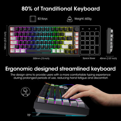 KOORUI Gaming Keyboards, 26 RGB Backlit Mechanical Keyboard Wireless/Wired Compatible Bluetooth 82 Keys Rechargeable 4000mAh Battery UK Layout Gamer Keyboards for Windows MacOS Linux (Blue Switch)