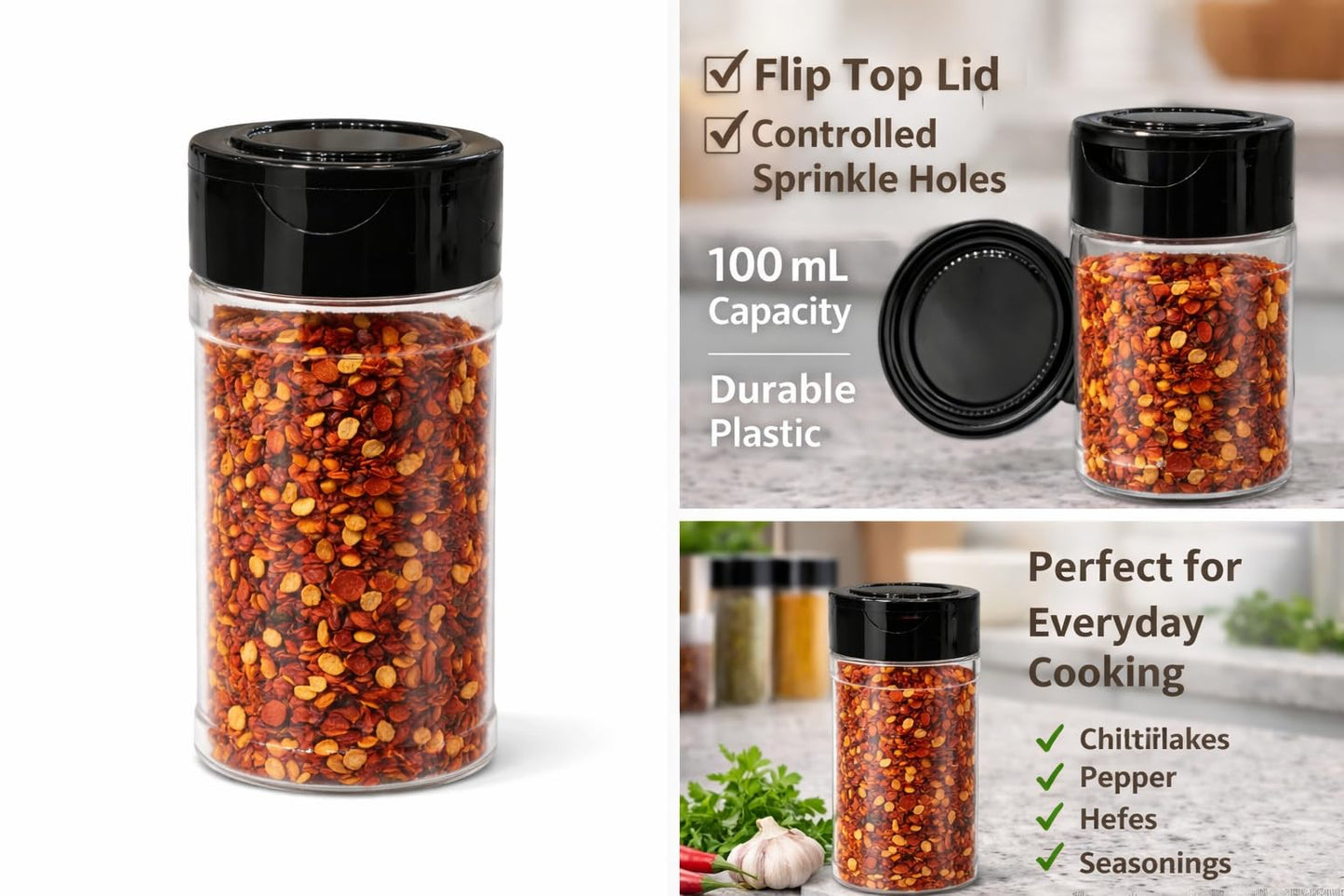 Clear Plastic Spice Shaker Bottle 100ml (6 Pack) – Empty Seasoning Container with Dual Flip Lid, BPA-Free Refillable Spice Jar for Salt, Pepper, Herbs & BBQ Rubs