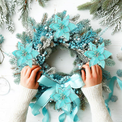 KEPATO Christmas Poinsettia Ornaments Ice Blue, 12 Pcs 6" Artificial Flowers, Glitter Teal Blue Christmas Tree Decorations for Winter Wonderland Theme