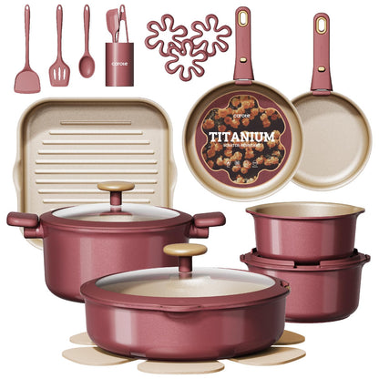 CAROTE 26 Pcs Pots and Pans Set, Nonstick Cookware Sets with Detachable Handle, Titanium Reinforced, Oven Safe, Cookware Non Stick Cooking Set w/Frying Pans & Saucepans Red(PFOS, PFOA Free)