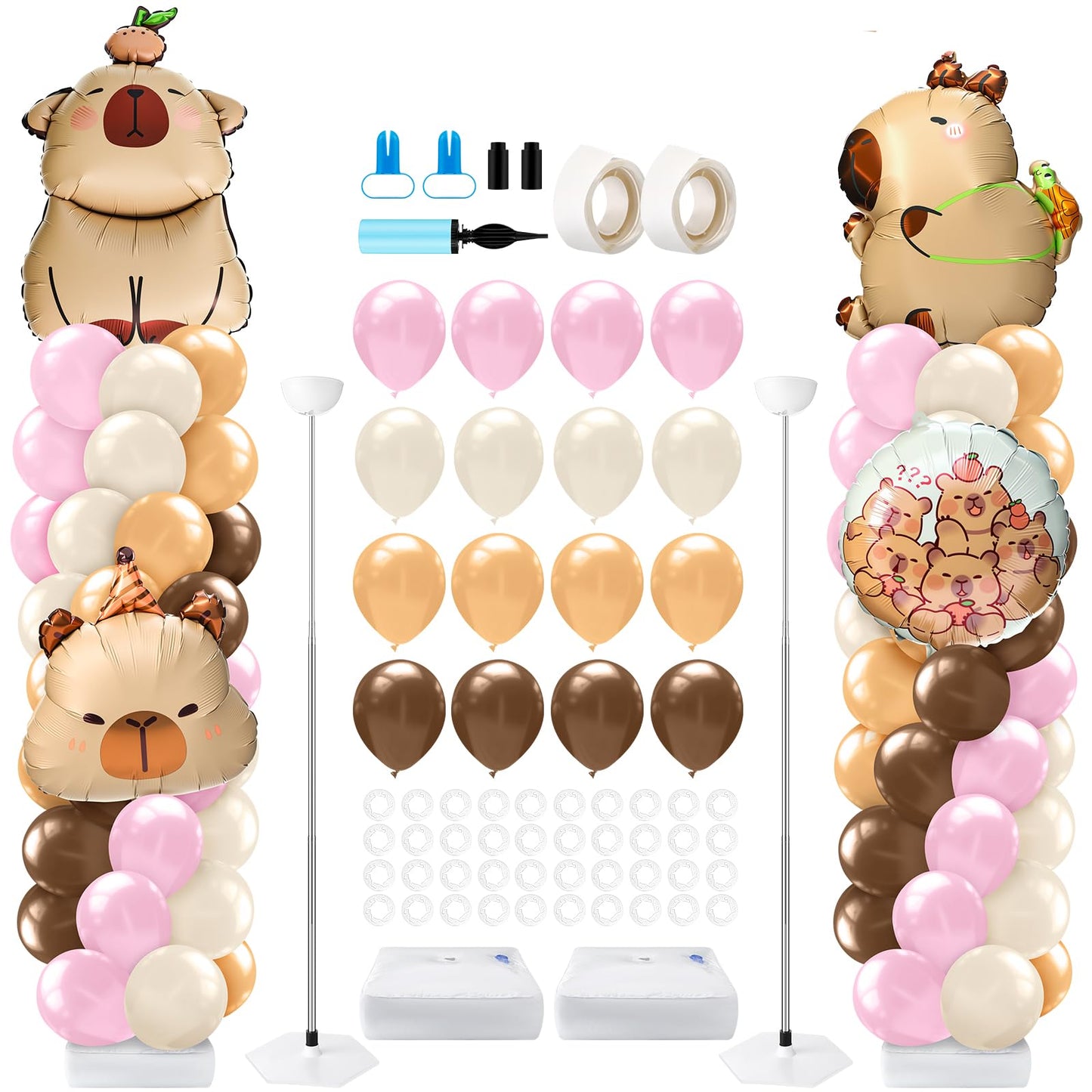Kasyat 2 Sets Capybara Balloon Column Stand Kit Pink Brown Beige Orange Balloons Arch Garland for Capybara Birthday Party Gender Reveal Baby Shower Animal Theme Decoration