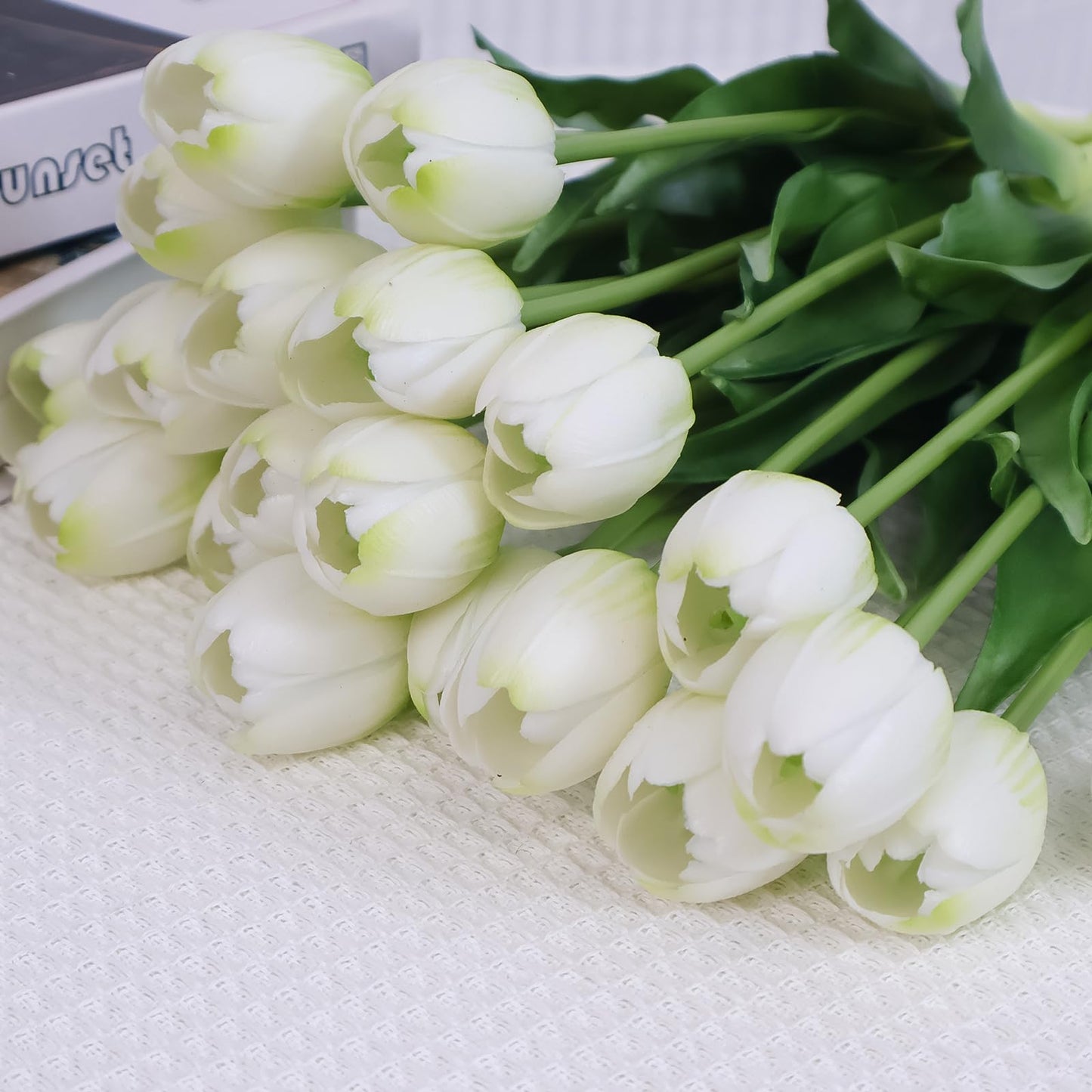 20 Pcs Real Touch Artificial Tulips with Vase, Large Faux Flower Arrangement in Heavy Fluted Glass, Bouquet for Dining Table Centerpiece, Home Office, Spring Decor, Set with Dust Bag (White)