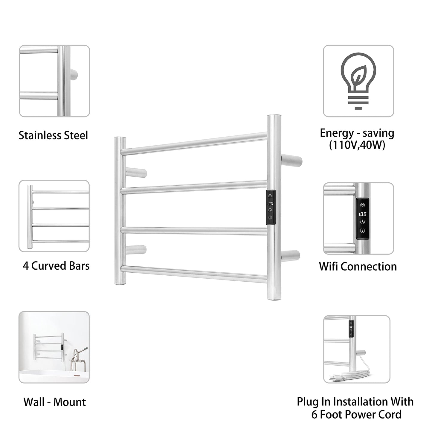 KEG Towel Warmer 8 Bars for Bathroom Freestanding or Wall Mounted Bath Towel Heater Plug-in with Built-in Timer Silver