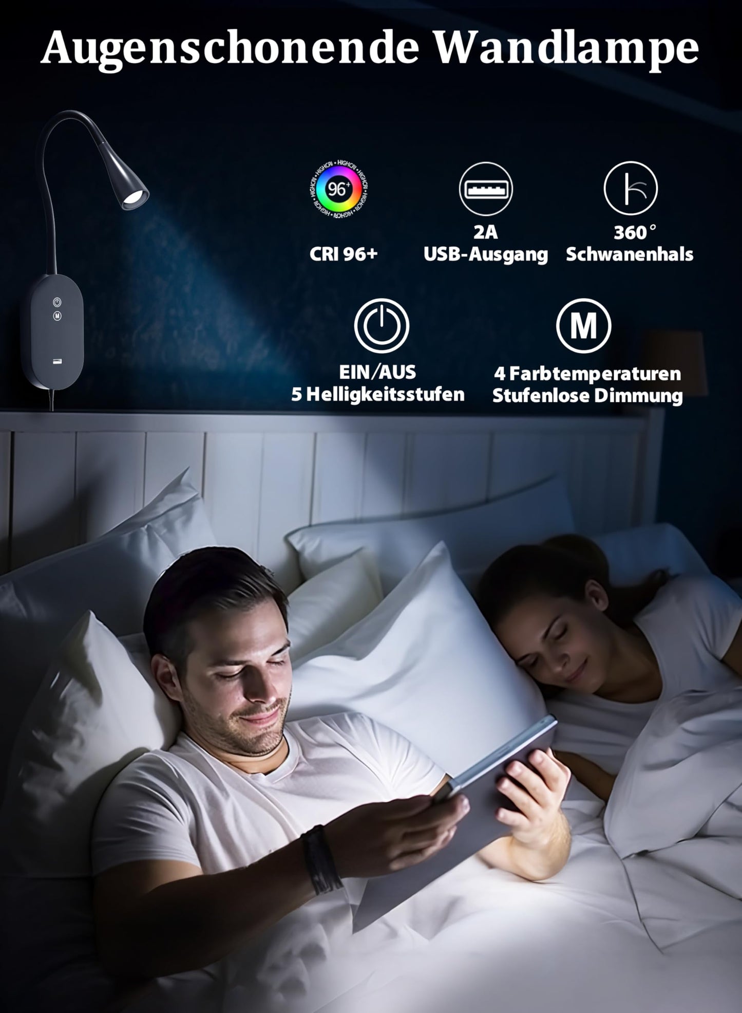 TOPMB Wall Reading Light for Bed – 4 Color Modes, 5‑Level Dimmable Reading Lamp, CRI 95+ Natural Sunlight, USB Output Charge & Auto Memory Black