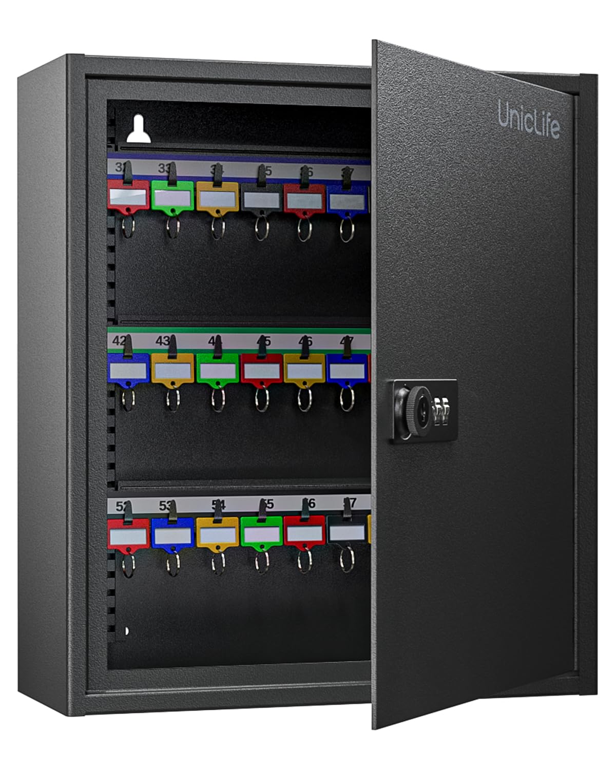 Uniclife 60 Position Key Cabinet Steel Security Storage Box with Combination & Key Lock, Resettable, Digital, Adjustable Racks, Colorful Labels & Hooks