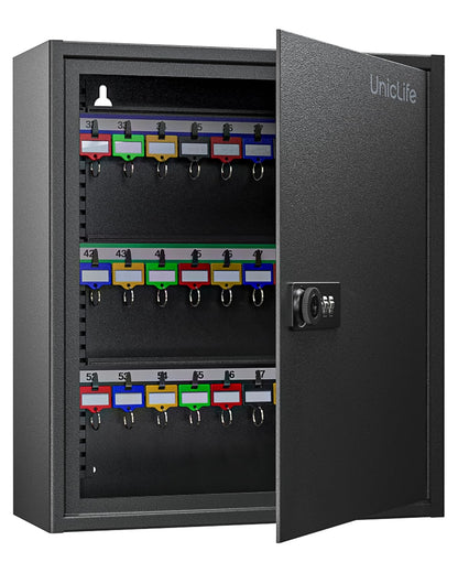 Uniclife 60 Position Key Cabinet Steel Security Storage Box with Combination & Key Lock, Resettable, Digital, Adjustable Racks, Colorful Labels & Hooks