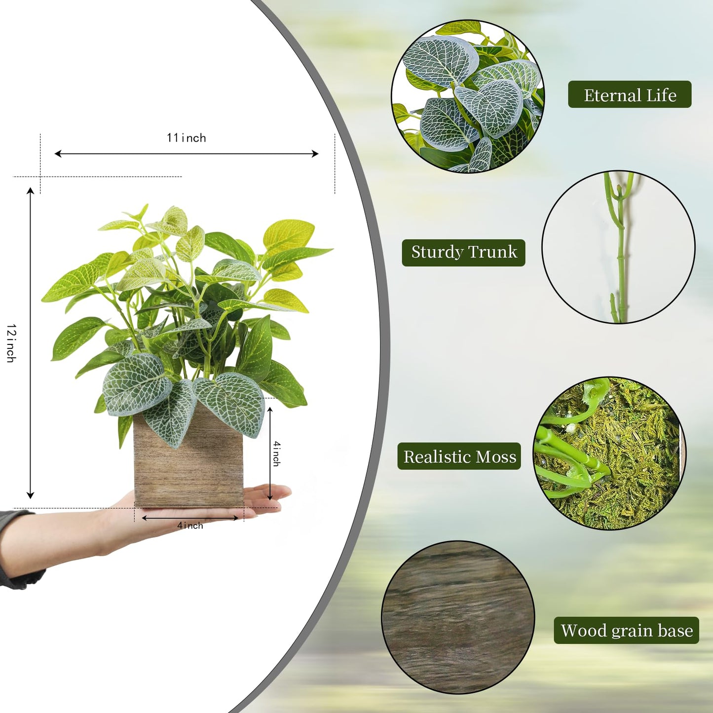 Nztze 2 Pack 12" Medium Eucalyptus Fake Plants, Artificial Plants Indoor with 4 Inch Wooden Planters, Faux Potted Plants for Home Decor, Desk, Shelves, Desktop, Coffee Table, Bedroom