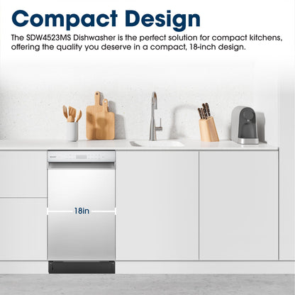 Sharp SDW4523MS 18-Inch Built-In Dishwasher, Stainless Steel, 47 dB, Third Rack, 8 Place Settings, 6 Wash Cycles
