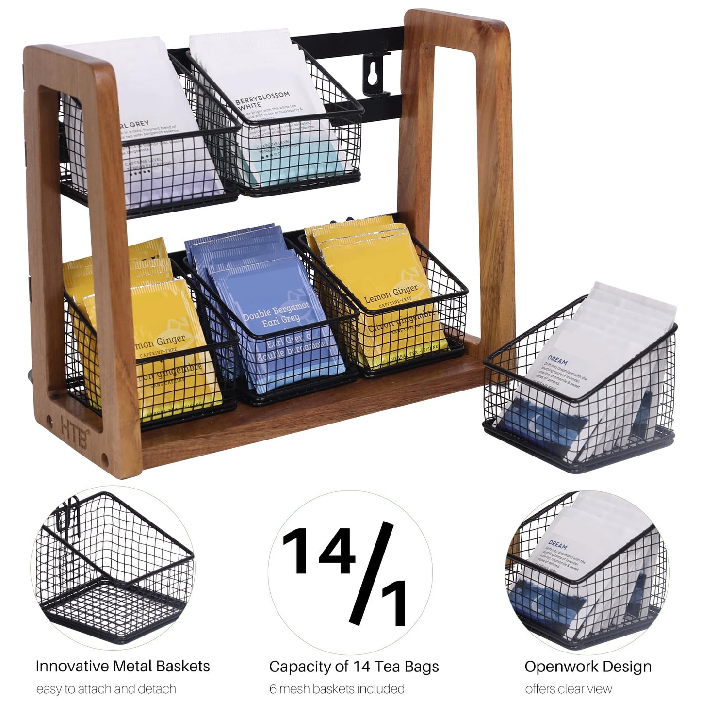 HTB 2 Tier Tea Organizer for Tea Bags, Tea Bag Holder with Acacia Wood Stand and 6 Removable Metal Basket for Sugar Packets, Sweeteners, Creamers for Cabinet, Countertop or Wall-mounted