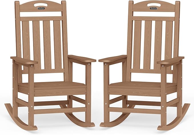Oversized Rocking Chairs Outdoor Set of 2, High Back Porch Rocking Chair, HDPE All Weather Resistant Patio Chairs, 380lbs Weight Capacity, Teak