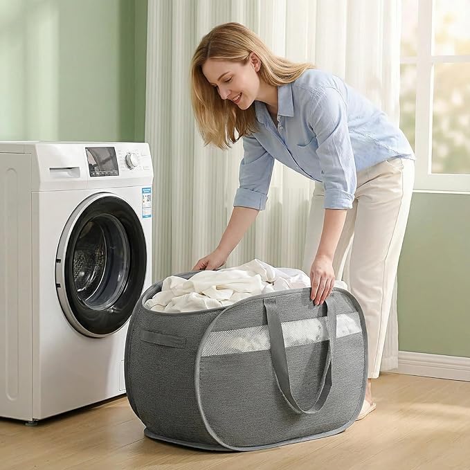Foldable Laundry Basket with Lid, Oxford Cloth Reinforced Steel Ring