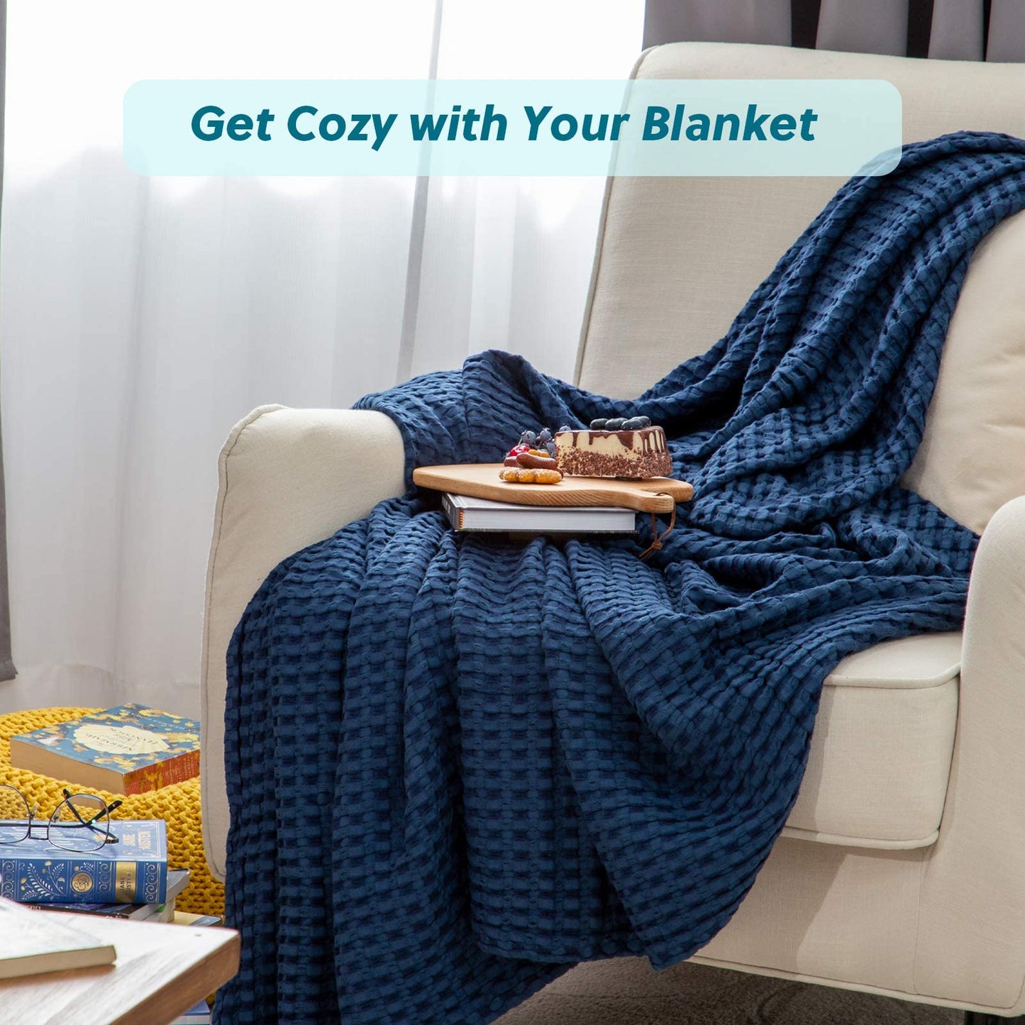 Bedsure Cooling Cotton Waffle Queen Size Blanket - Lightweight Breathable Summer Blanket of Rayon Derived from Bamboo for Hot Sleepers, Luxury Throws for Bed, Couch and Sofa, Navy, 90x90 Inches