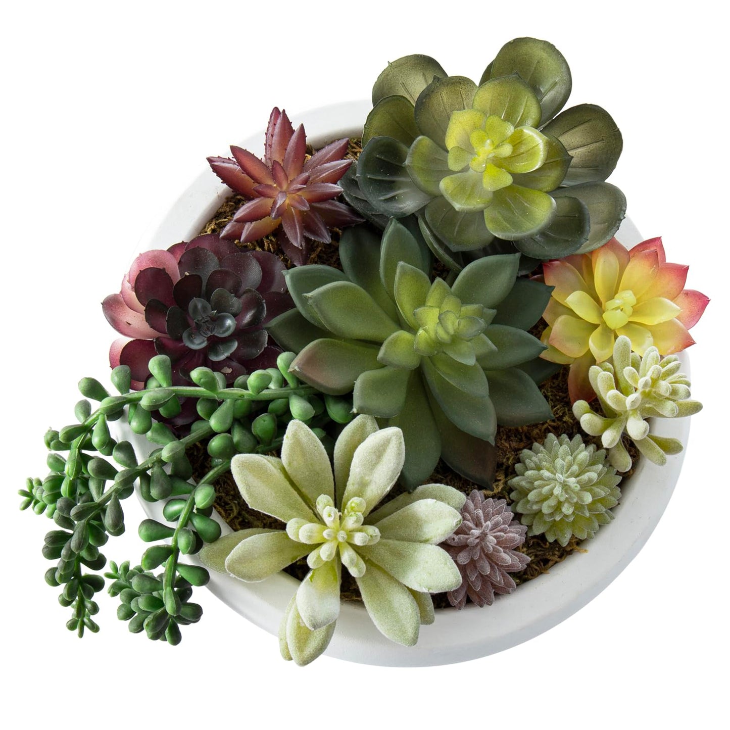 MyGift 8 Inch Round Modern Artificial Succulent Arrangement Potted in White Concrete Plant Bowl, Assorted Faux Mini Succulents in a Decorative Planter Pot