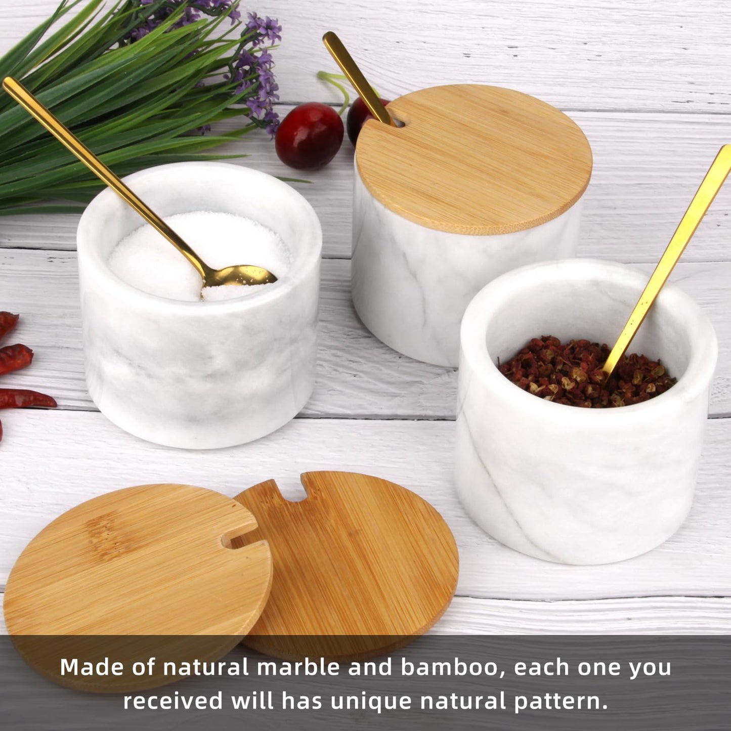 2 Sets Marble Salt Cellar Box with Bamboo Lid & Metal Spoon, Modern Stone Salt or Pepper Sugar Spice Seasoning Bowl Container Jar Holder Well Keeper Dish Pig Crock for Kitchen (White and Dark Grey)