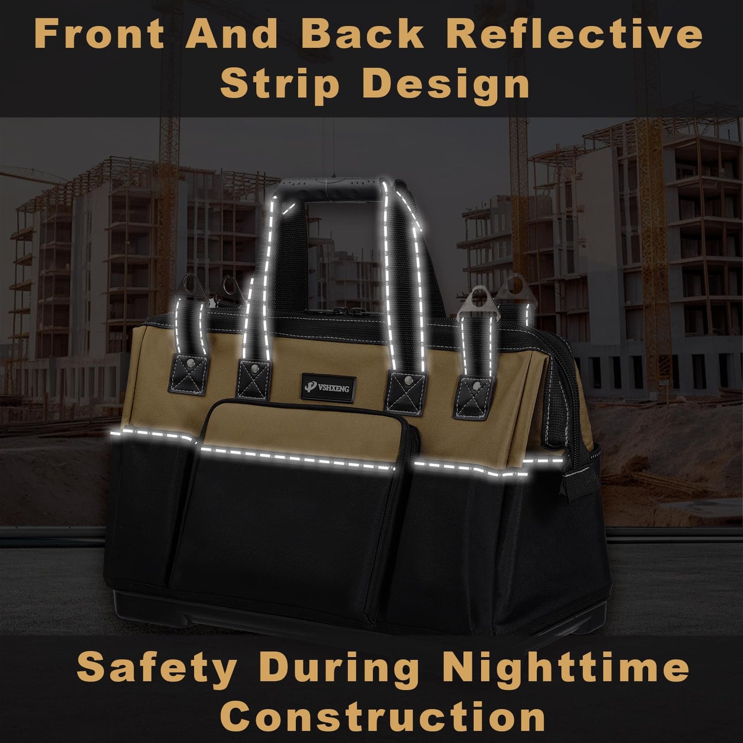 VSHXENG 17 IN Large Tool Bag For Men Heavy Duty, Drill Bag Tool Bag Organizer, Wide Mouth Waterproof Hard Bottom Multiple Pockets Tool Tote, Tool Caddy, Maintenance