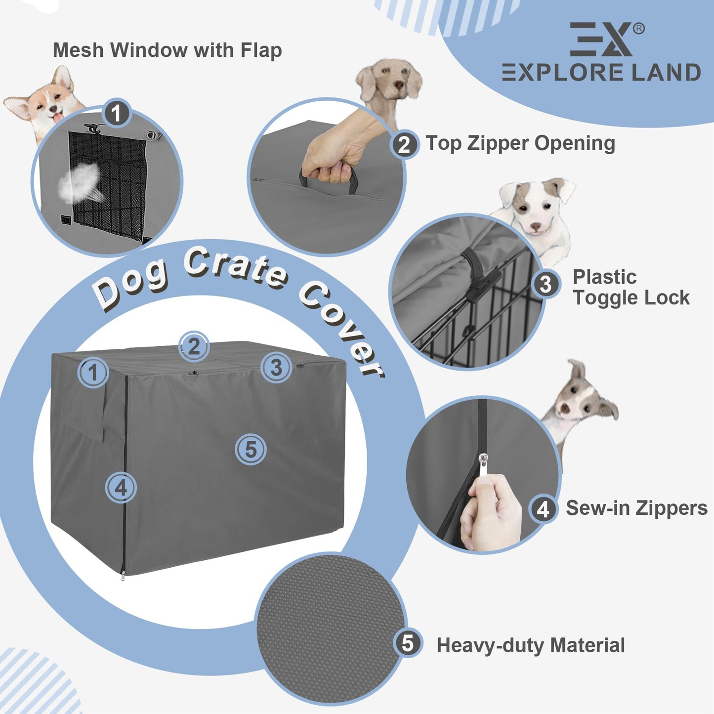 Explore Land Dog Crate Cover Durable - Polyester Pet Kennel Cover Universal Fit for 24-48 inches Wire Dog Crate (42 Inch (Pack of 1), Grey Cover)