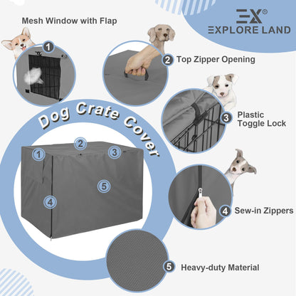 Explore Land Dog Crate Cover Durable - Polyester Pet Kennel Cover Universal Fit for 24-48 inches Wire Dog Crate (42 Inch (Pack of 1), Grey Cover)