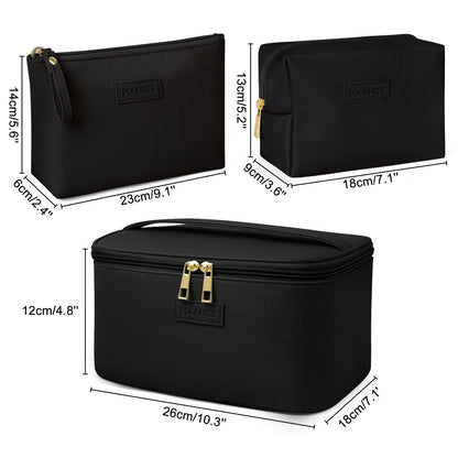 MAANGE 3 Pcs Makeup Bag(L+M+S) Travel Cosmetic Bags with Brush Compartment PU Leather Small Makeup Bag Portable Make Up Bag Versatile Zipper Makeup Pouch for Women, Black