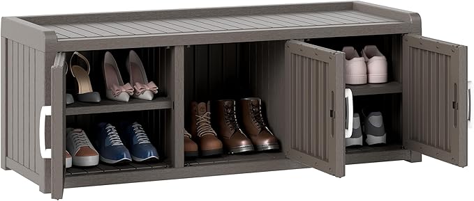 2-Tier Storage Bench, Waterproof UV-Resistant Outdoor Shoe Storage Cabinet with 3 Doors & Adjustable Shelves for Indoor Outdoor Entryway, Hallway, Living Room (Grey)