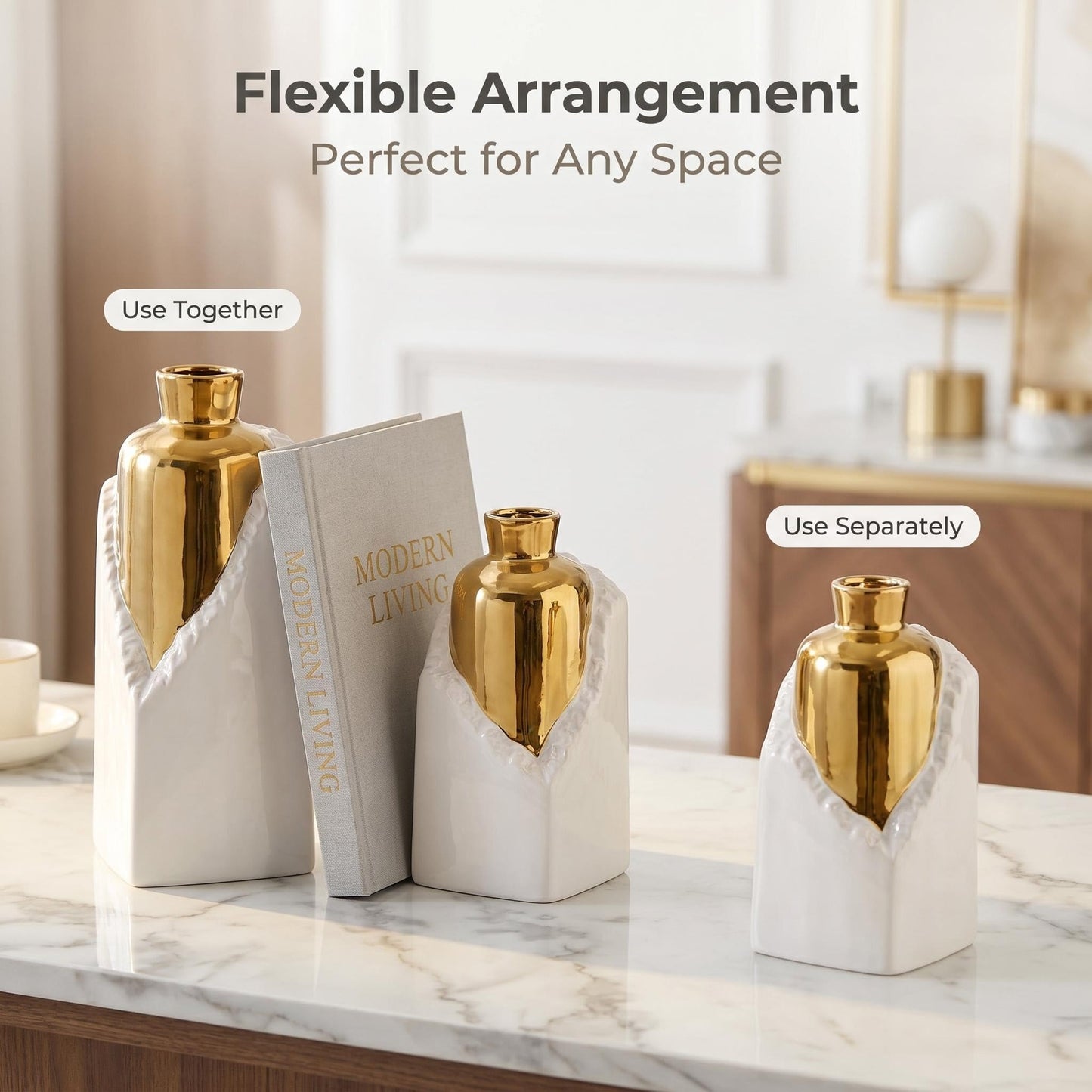 Iryanthos White and Gold Ceramic Vase Set, Modern Home Decor Flower Vases, 2-Piece Bud Vase for Living Room, Wedding & Hotel Dining Table Centerpieces, Fireplace or Bookshelf, 8.6" & 10.8" H