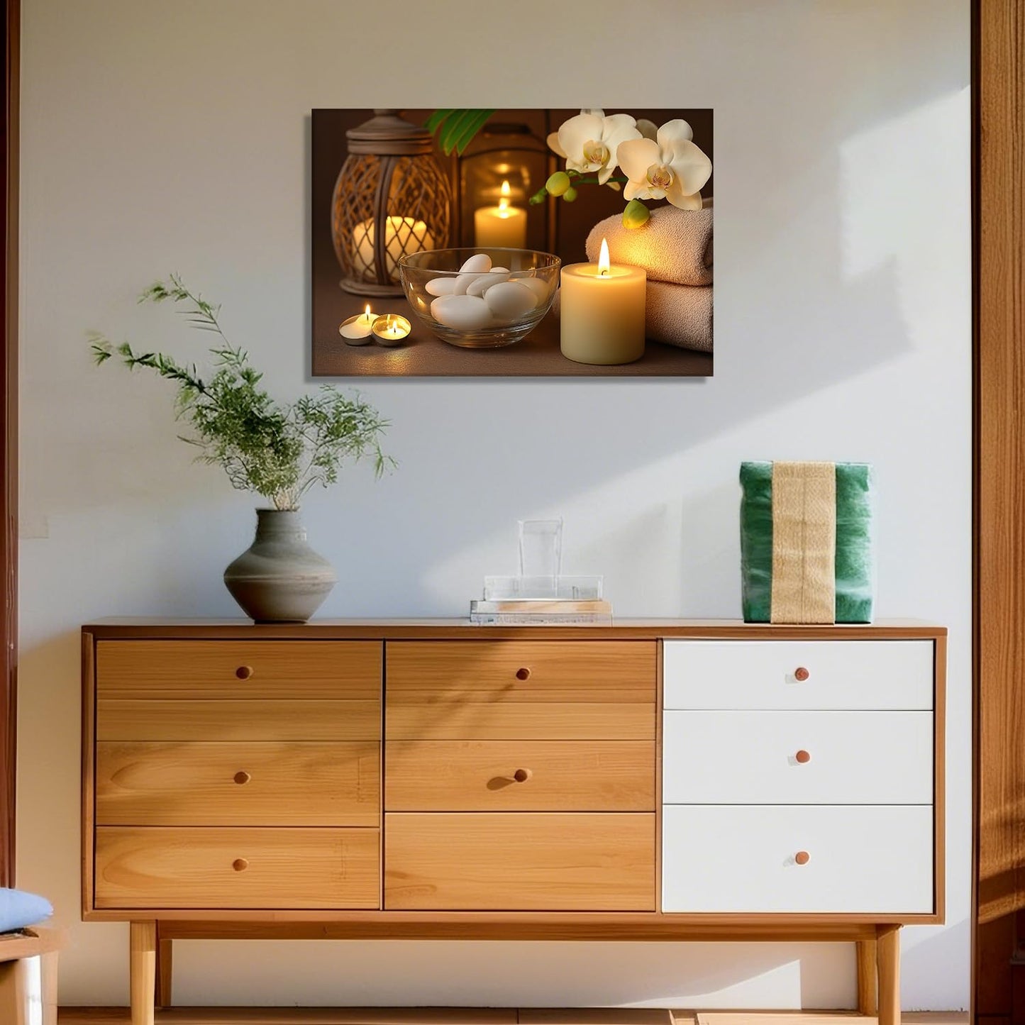 KPLUNDO Zen Canvas Wall Art - Candle with Spa Stones on Wood Table Picture Orchid Painting Prints Meditation Relax Artwork for Bathroom Yoga Spiritual Room Decor Frame(16.00x24.00 inch)