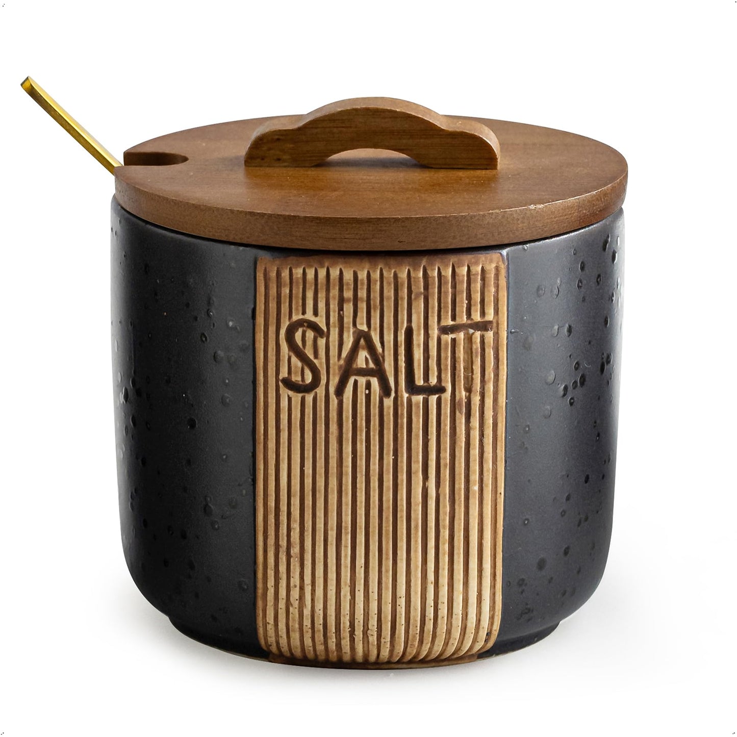 YHOJOY Salt Container for Countertop, Ceramic Salt Cellar with Lid & Spoon, Farmhouse Salt Bowl for Mother's Day, 10 OZ, Black