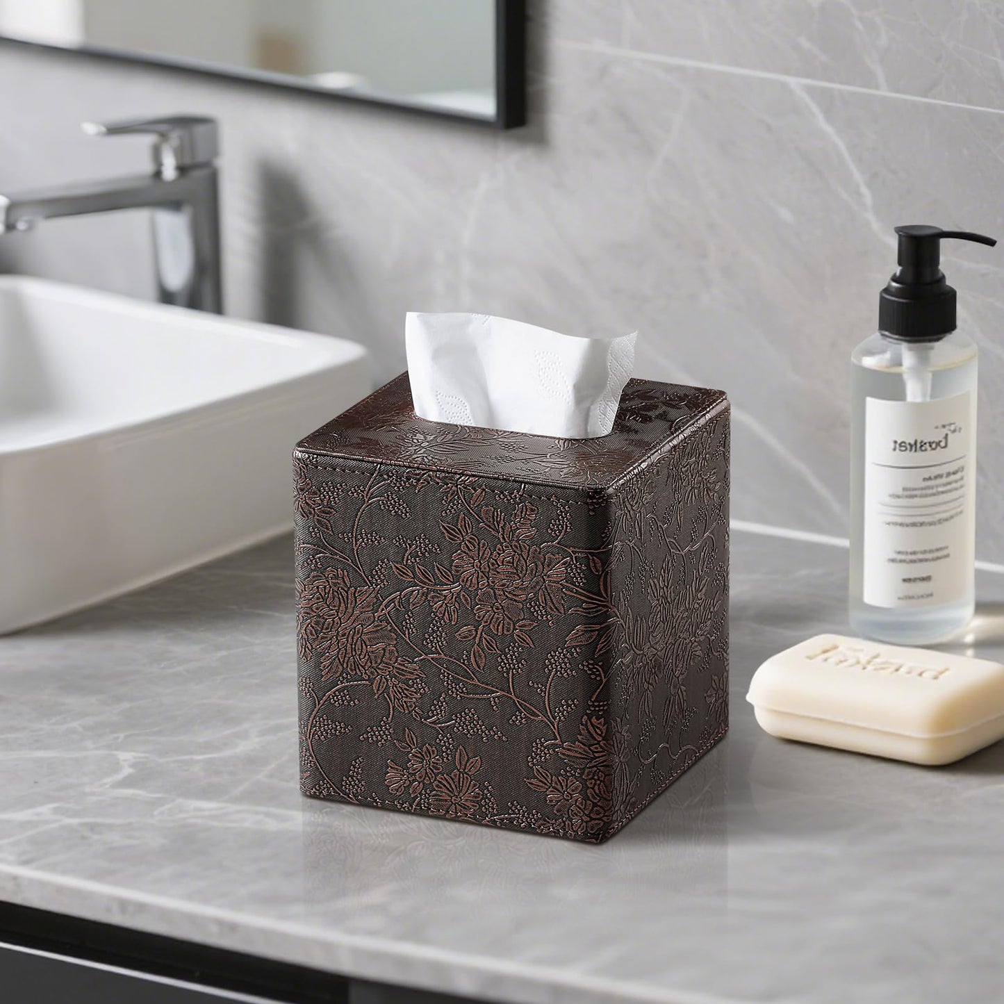 Square Tissue Box Cover, Stylish Leather Tissue Box Holder with Magnetic Bottom, Used As A Decorative Tissue Holder for Living Rooms, Bedrooms, and Desks (Brown Grape Pattern)