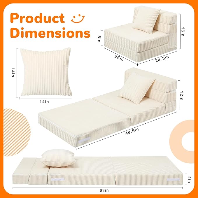 MeMoreCool Folding Sofa for Kids, Corduroy Fold Out Futon Chair, Small Foldable
