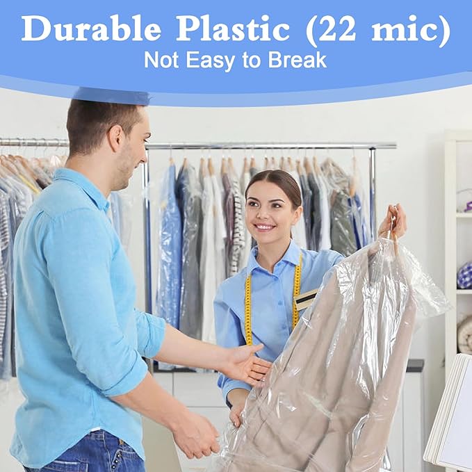 100 Pack Dry Cleaning Bags, 60x120 cm Clear Plastic Garment Bags