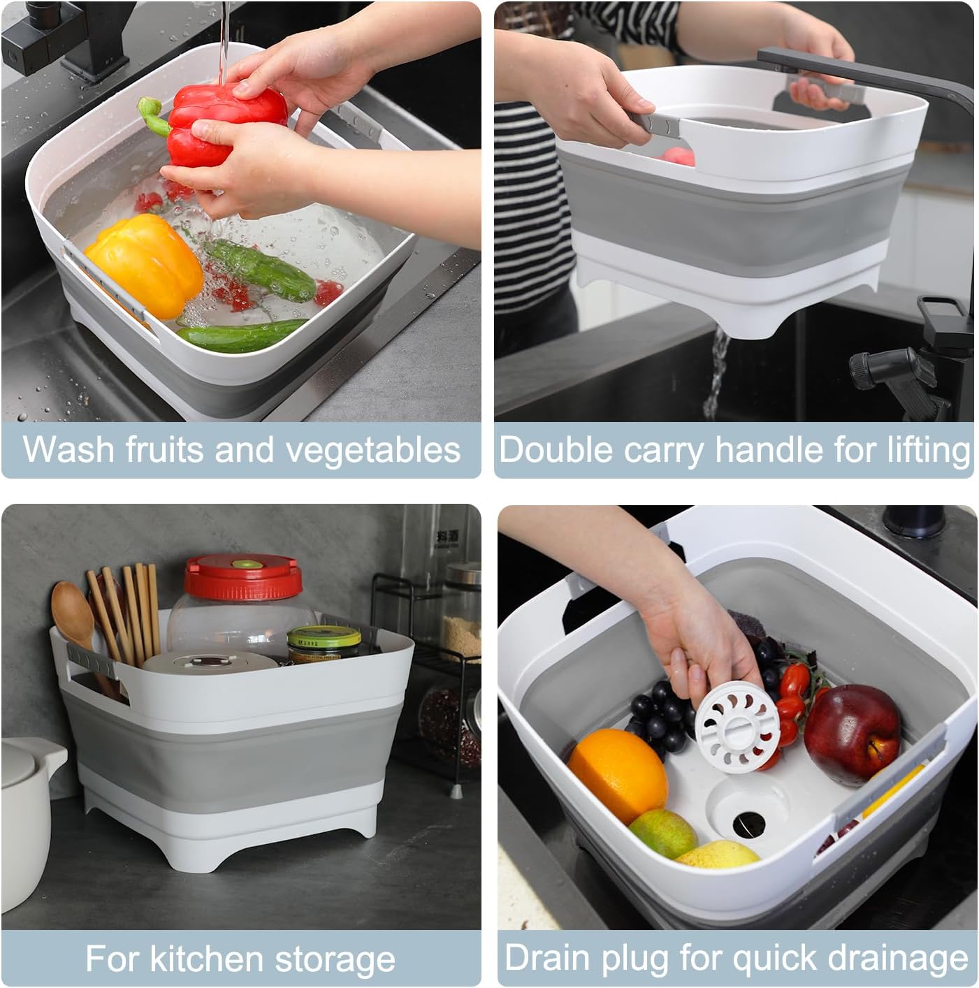 Collapsible Wash Basin with Drain Plug - Space-Saving Multiuse Tub for Washing Dishes, Vegetables - Versatile Soaking Basin for Baby Bottles, Pump Parts - Outdoor Camping Sink for RVs