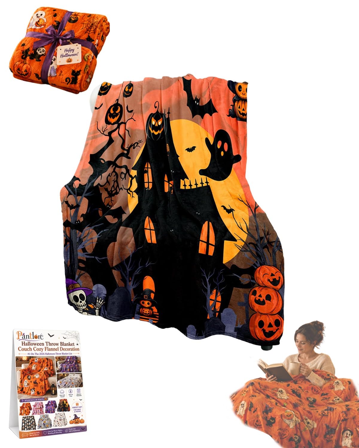 Halloween Throw Blanket Couch Cozy Flannel Decoration for Party Bed Soft Flannel Ghost Blanket Halloween Harvest Gifts Horror Ghost Bat Pumpkin(Model4,50x80in)