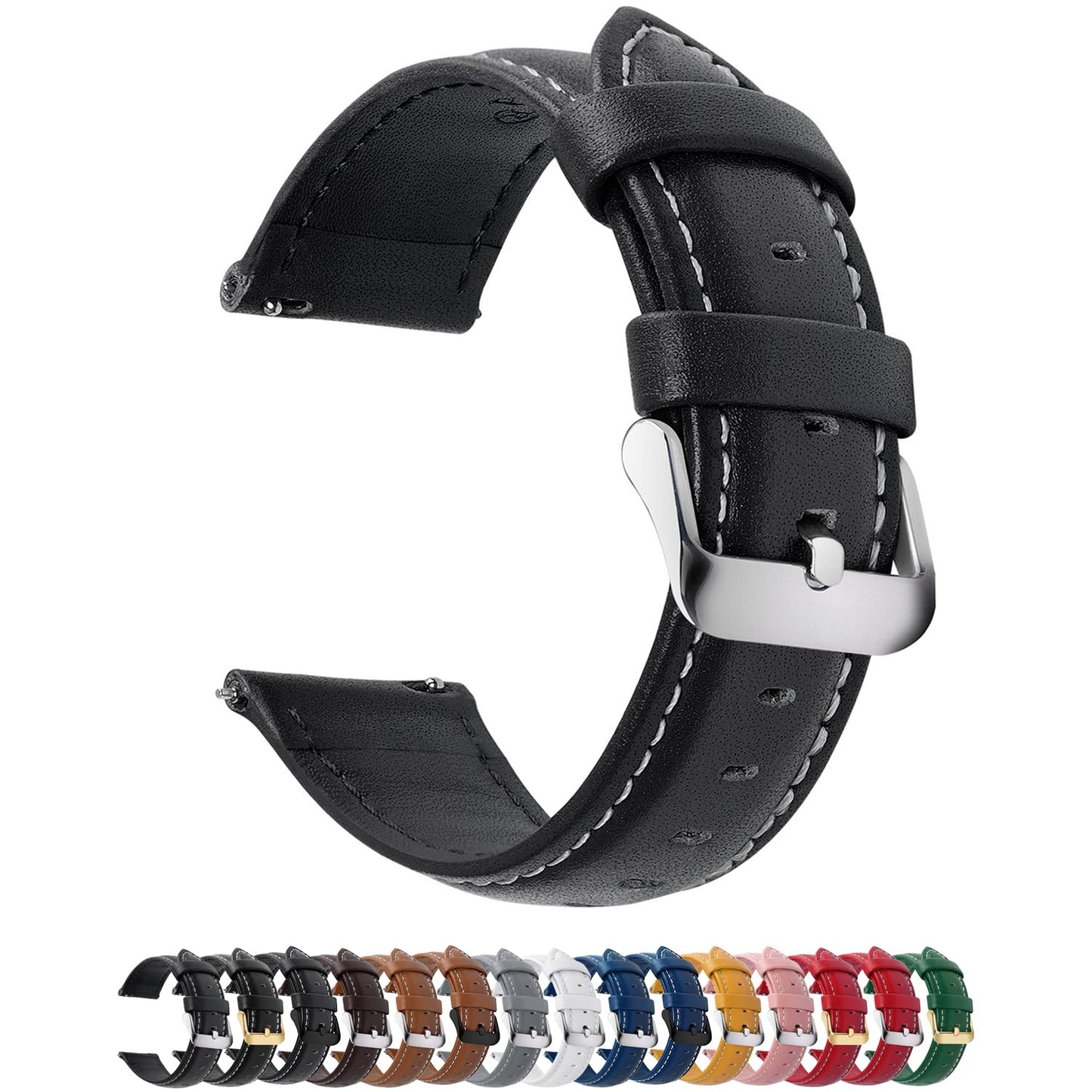 Fullmosa Watch Strap, Genuine Leather Watch Straps with Stainless Metal Clasp, Quick Release Replacement Bands, 14mm 16mm 18mm 19mm 20mm 22mm 24mm, Black