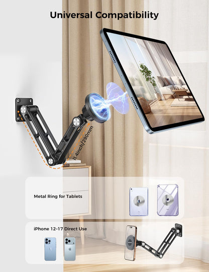 OHLPRO Magnetic Tablet Wall Mount Holder for iPad with 2-Stage Adjustable Foldable Aluminum Arm, Wall Phone Holder Compatible with MagSafe iPhone 12-17 Series Tablet, Great for Home Gym Kitchen
