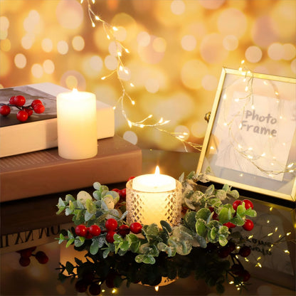 WILLBOND 8 Pieces 9.5" Mini Christmas Wreaths for Kitchen Cabinet Small Christmas Candle Rings Red Berries Wreath Pillar Candle Rings Xmas Hanging Garlands for Front Door Fireplace Window Decor