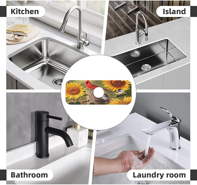 Sunflowers and songbirds Kitchen sink faucet pad, strong water absorption