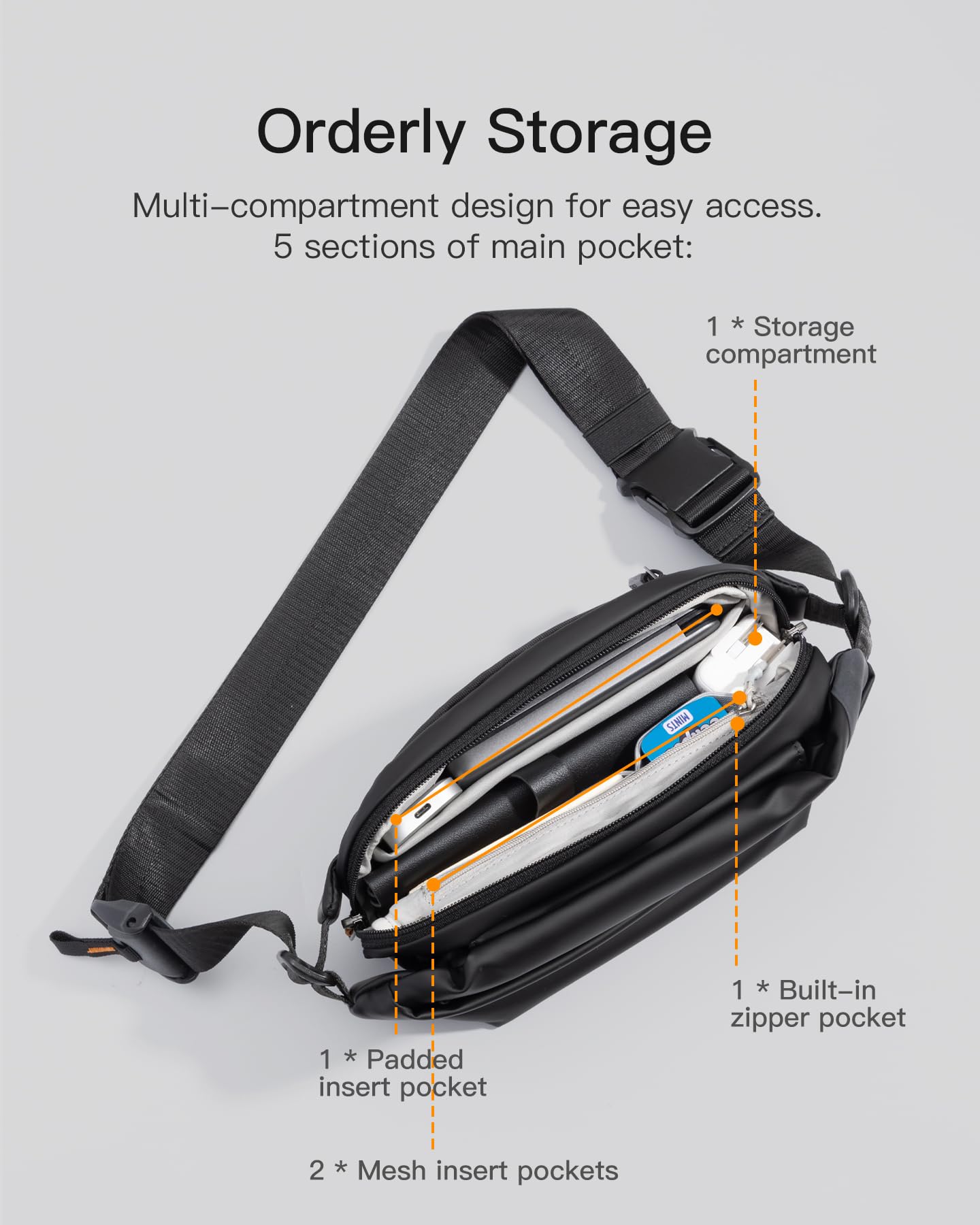Inateck Sling Bag X, Multi-pocket Crossbody Shoulder Chest Bag with Adjustable Shoulder Strap, Water-resistant Waist Fanny Pack for Men, Women, Travel, Daily Use, Cycling, Hiking, Black, Large