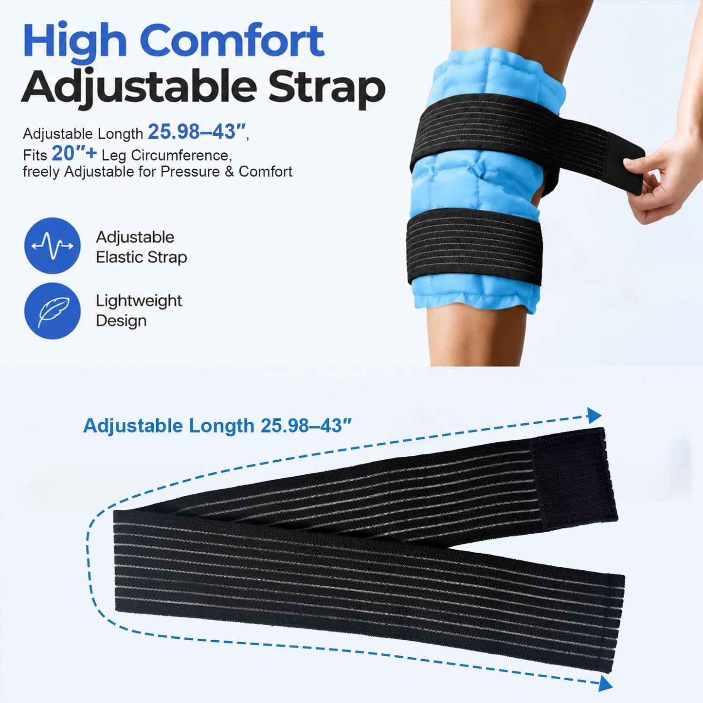 WORLD-BIO Ice Packs for Injuries Reusable, Knee Ice Pack Wrap with Straps, Gel Ice Wrap for Leg Pain Relief, Hot & Cold Compress Therap for Swelling, Arthritis, Sports Injuries, Light Blue, 1Pack
