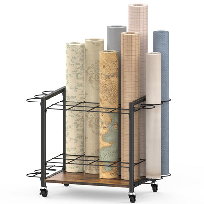 Blueprint Holder Rolling Carts with Wheels, 18 Slots Gift Wrapping Paper Organizer Storage Construction Paper Organizer for Blueprints, Art Storage, Vinyl Roll Storage, Posters, Maps, Rustic Brown