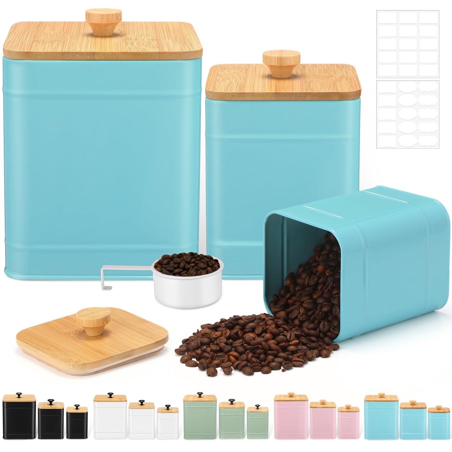 Tioncy Kitchen Canisters for Countertop Set of 3 Metal Canisters Sets with Bamboo Lids Spoon Airtight High Capacity Coffee Tea Sugar Flour Jars with DIY Labels Farmhouse Food Storage(Turquoise,L,M,S)