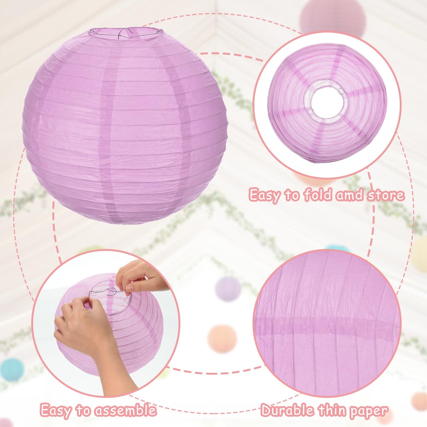 MECCANIXITY 6PCS Paper Lanterns Decorative, 6" 8" 12" Light Purple Round Hanging Lantern Chinese Lanterns for Home Decor, Birthday, Wedding, Christmas Party