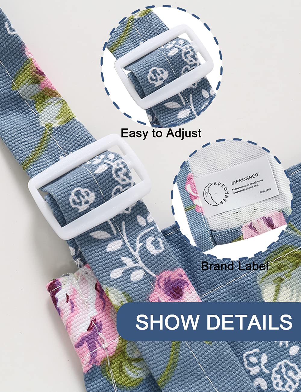 Cotton Linen Baking Plus Size Aprons for Women with Pockets Kitchen Cooking 2X-3X Blue Flowers