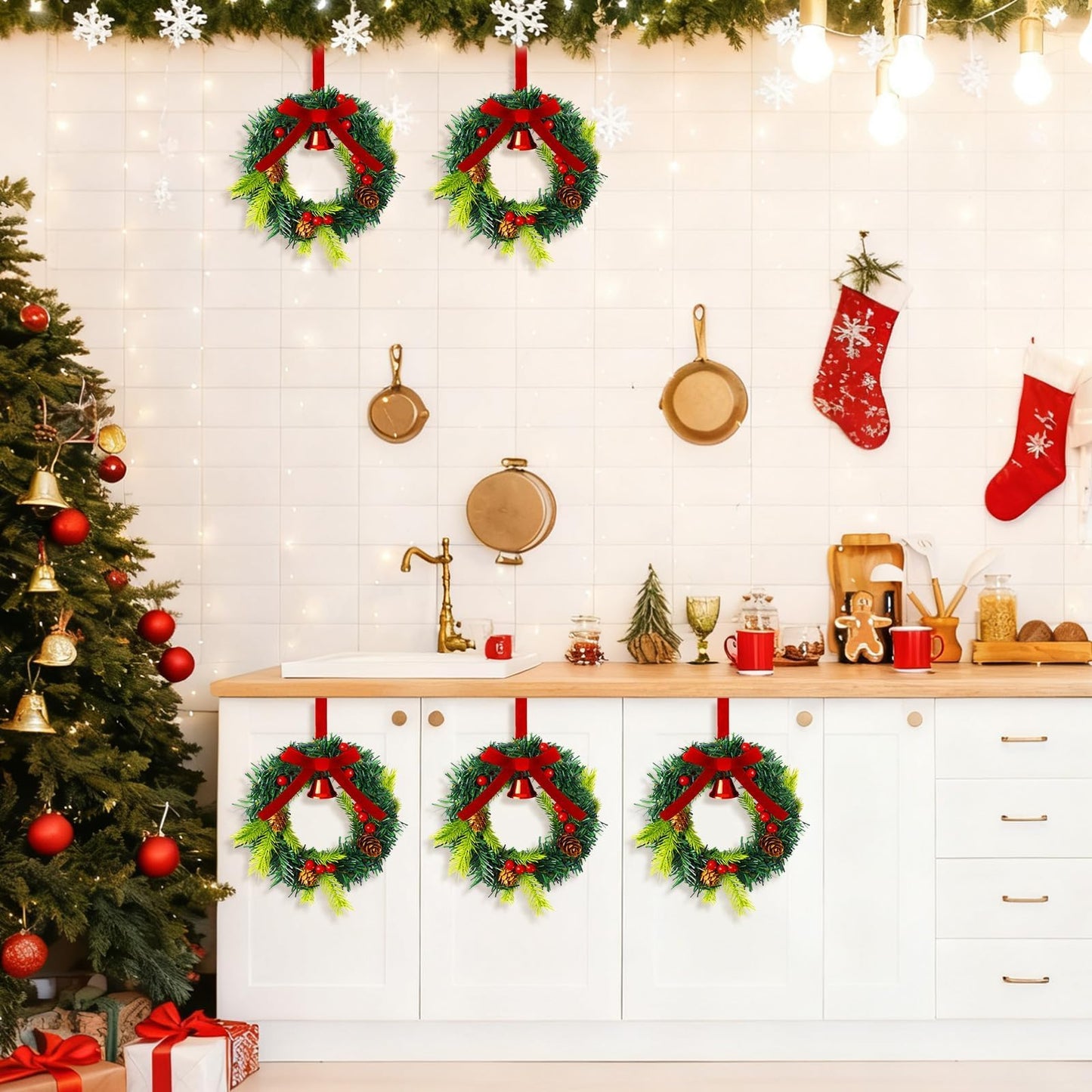 Wurosi 8 Pcs Mini Christmas Wreath, 7.87 Inch Christmas Kitchen Cabinet Wreaths with Velvet Ribbon and Berry, Small Christmas Wreaths for Cabinets Window Front Door Porch Wall Decor