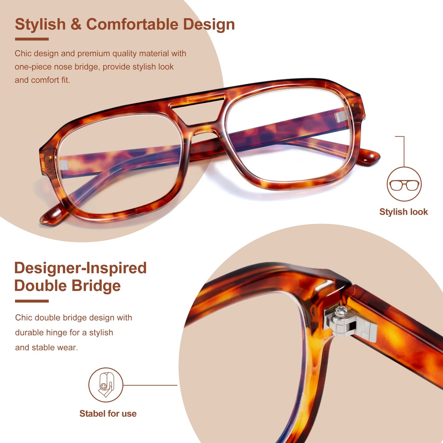 Madison Avenue Retro Aviator Blue Light Blocking Glasses for Women Men with Case, Trendy Rectangle Computer Eyeglasses Orange Demi